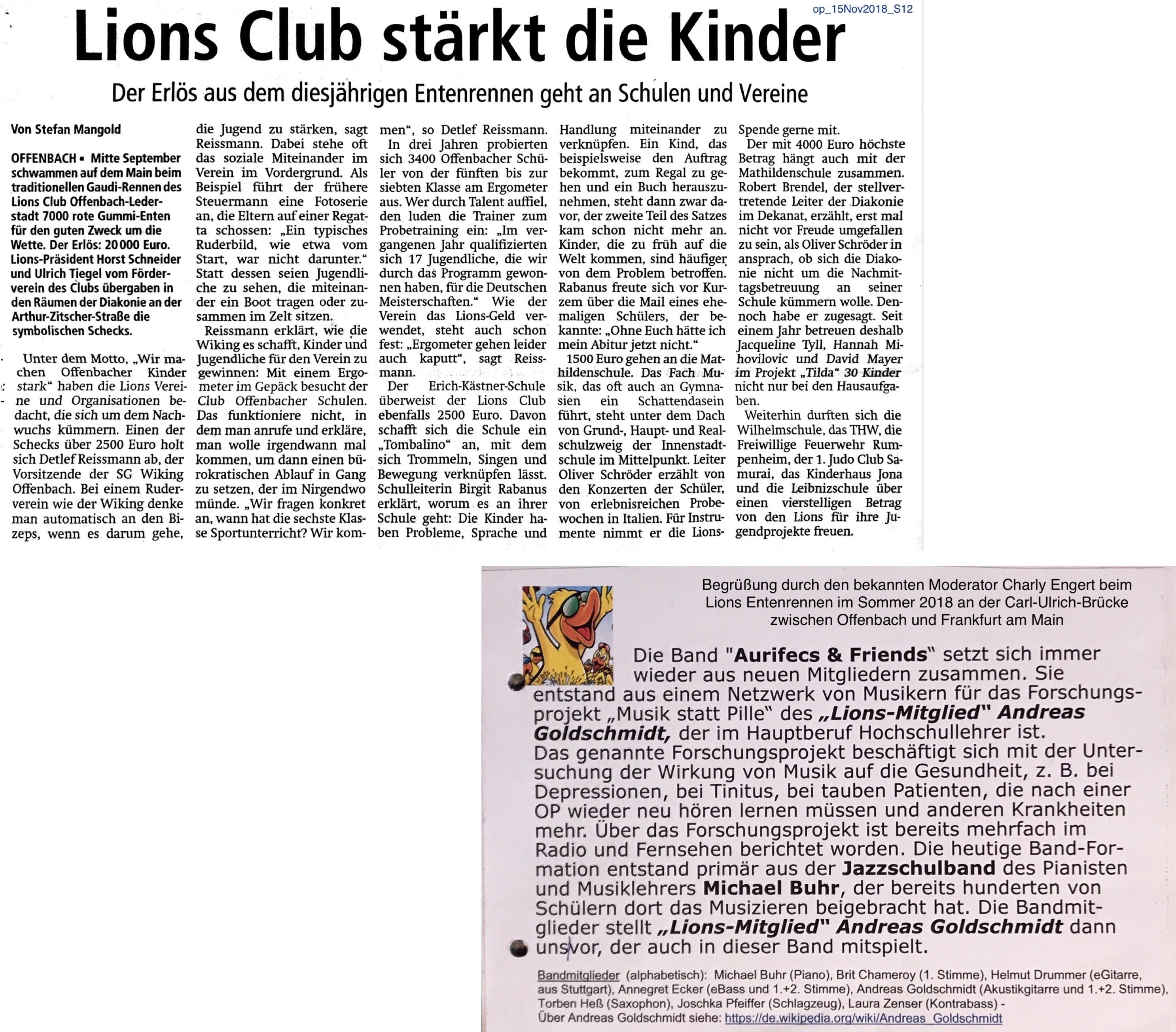 Pressebericht von der Lions Club OF-Lederstadt-Spendenverwendung nach dem Lions Entenrennen 2018 an der Carl-Ulrich-Brücke zwischen Offenbach und Frankfurt am Main sowie die freundliche Jazzband-Begrüssung durch den bekannten Moderator Charly Engert am 15. Sept. 2018